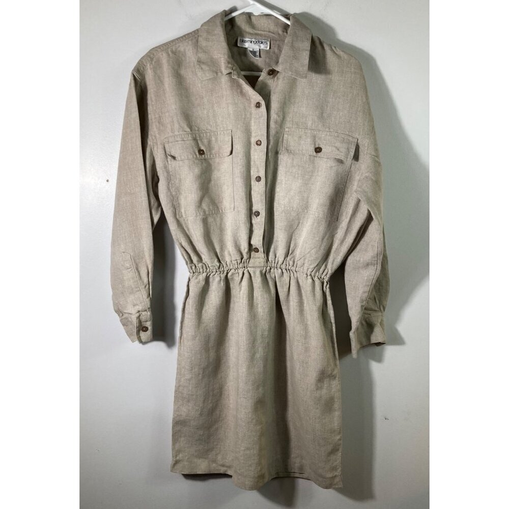 Womens Bloomingdales Linen Safari Shirt Dress Long Sleeve‎ Button Ecru 6